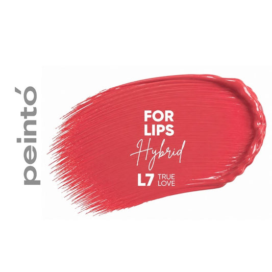 Swatch Peintó L7 True Love, pigmento ibrido PMU per labbra rosso corallo intenso.
