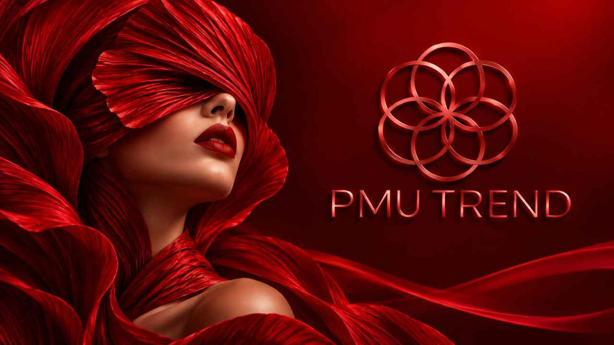 PMU Trend: ritratto femminile tra tessuti rossi, accanto al logo della boutique PMU e Beauty.