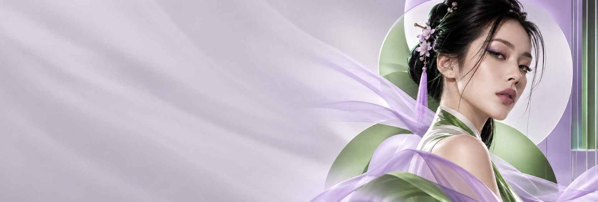 Ritratto femminile con fiori e tessuti lilla e verde chiaro – POPU