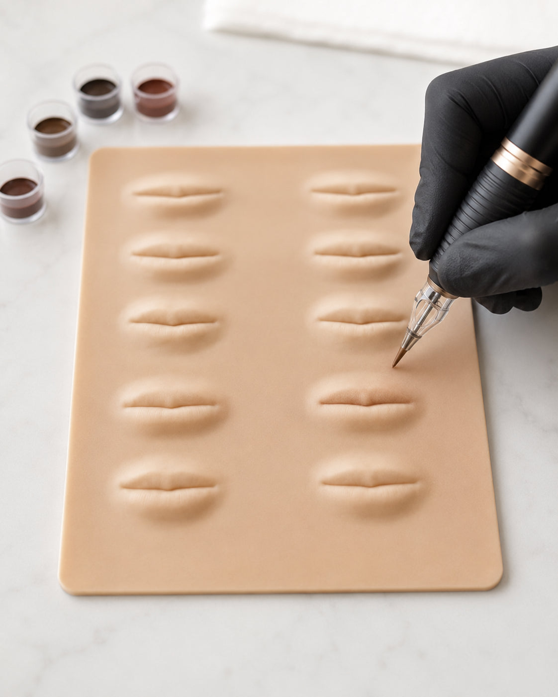 Supporto in silicone per pratica PMU con dieci labbra tridimensionali, ideale per allenamento di contorno, riempimento e sfumatura labbra.