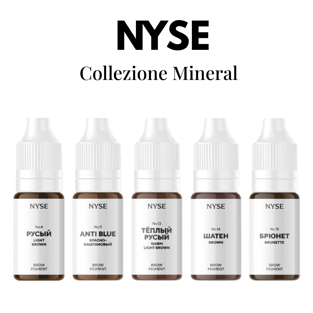 Swatch della collezione minerale NYSE per sopracciglia nelle tonalità N°4 Light Brown, N°5 Anti Blue, N°13 Warm Light Brown, N°14 Brown e N°15 Brunette.
