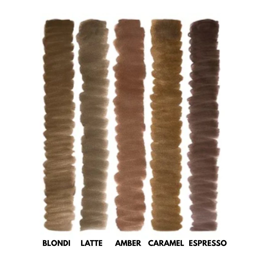 Swatch dei pigmenti NYSE Gold Brows & Eye nelle tonalità Blondi, Latte, Amber, Caramel ed Espresso.
