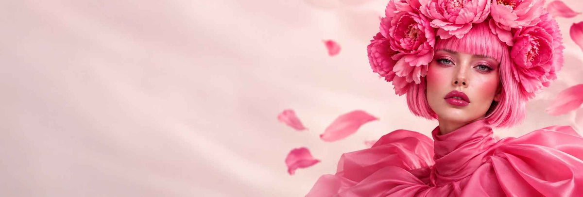 Modella con capelli rosa e copricapo di peonie – Swiss Color