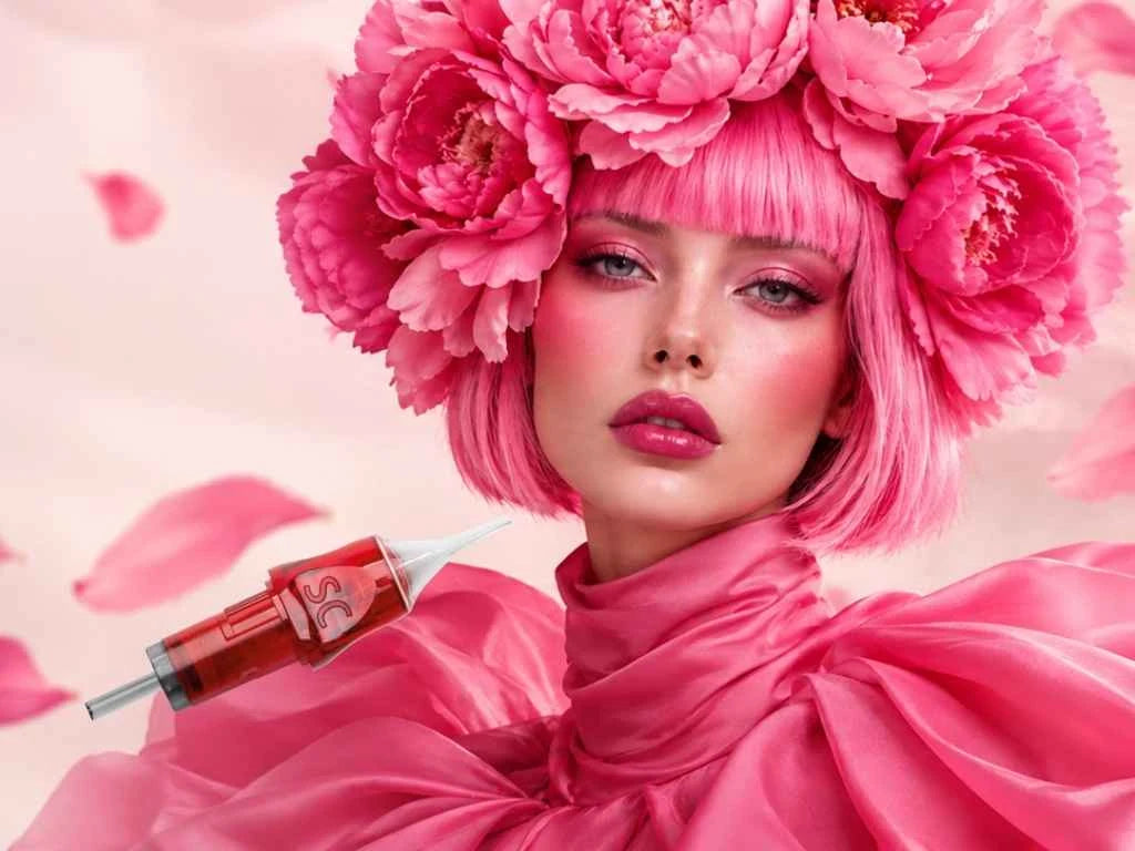 Cartuccia PMU Swiss Color accanto a un ritratto con fiori rosa
