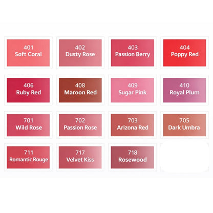 Palette Swiss Color di pigmenti PMU per labbra con tonalità corallo, rosa, rosse, berry, nude e plum.