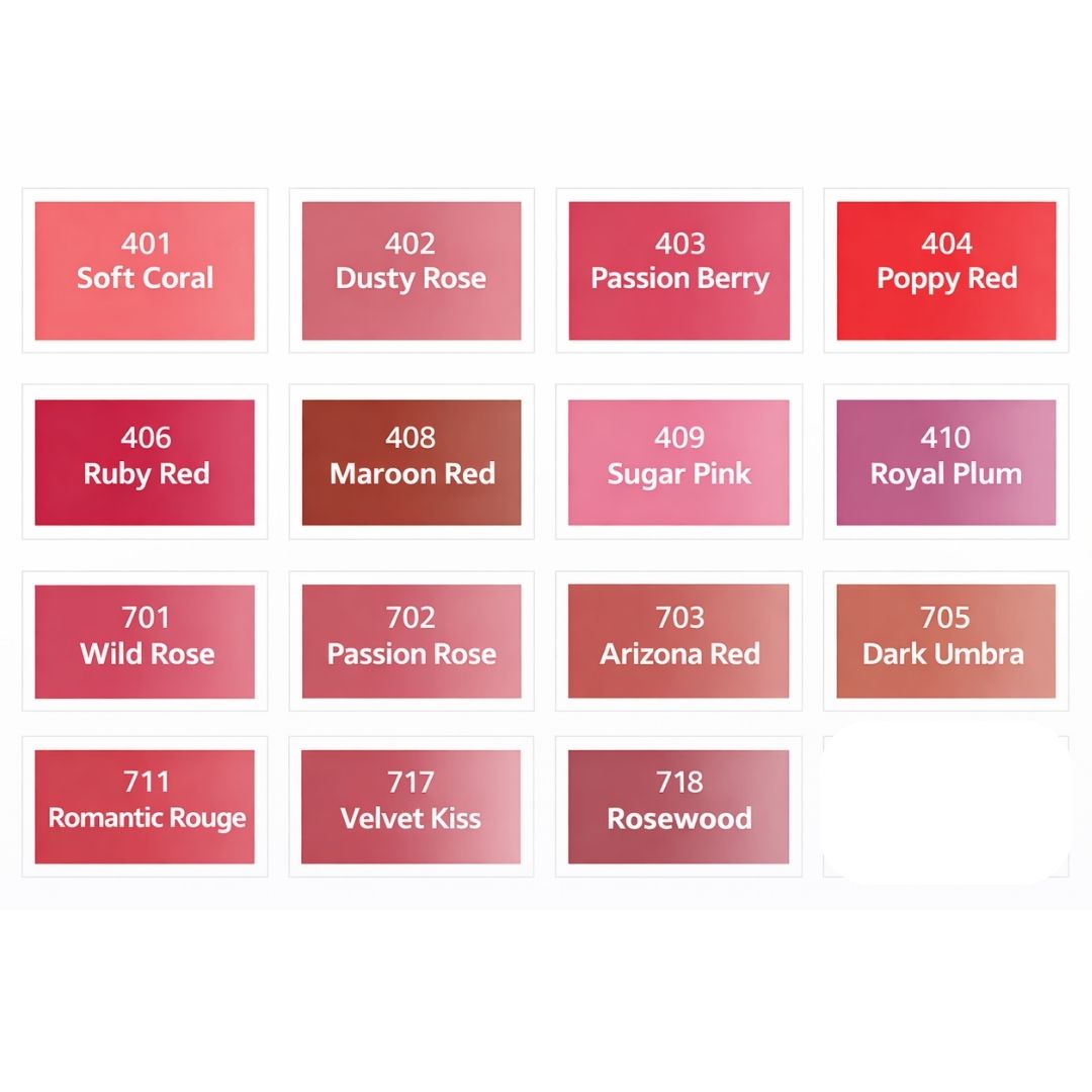Palette completa dei pigmenti PMU labbra Swiss Color con tonalità rosa, corallo, rosso, berry, plum e nude.
