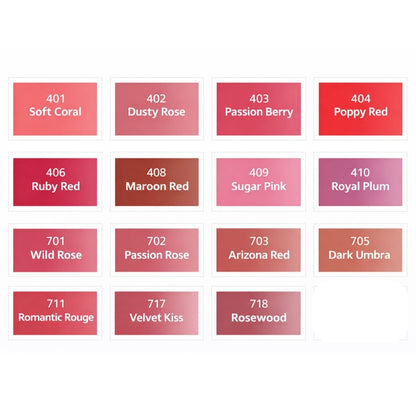 Palette cromatica Swiss Color con pigmenti PMU per labbra nelle tonalità corallo, rosa, rosso, prugna e nude.

