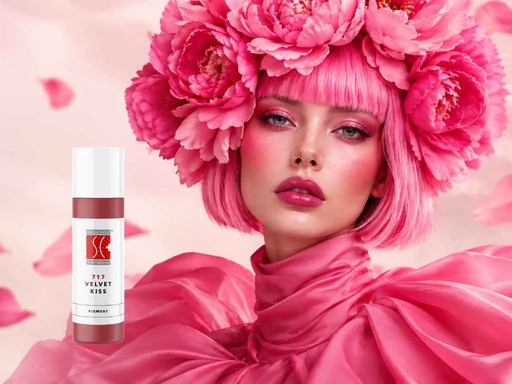Pigmento Swiss Color 717 Velvet Kiss accanto a un ritratto con fiori rosa