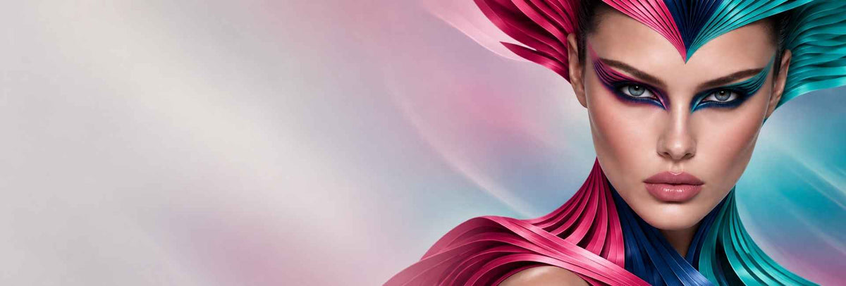 Ritratto femminile con trucco grafico e forme fucsia, blu e turchesi – THEM