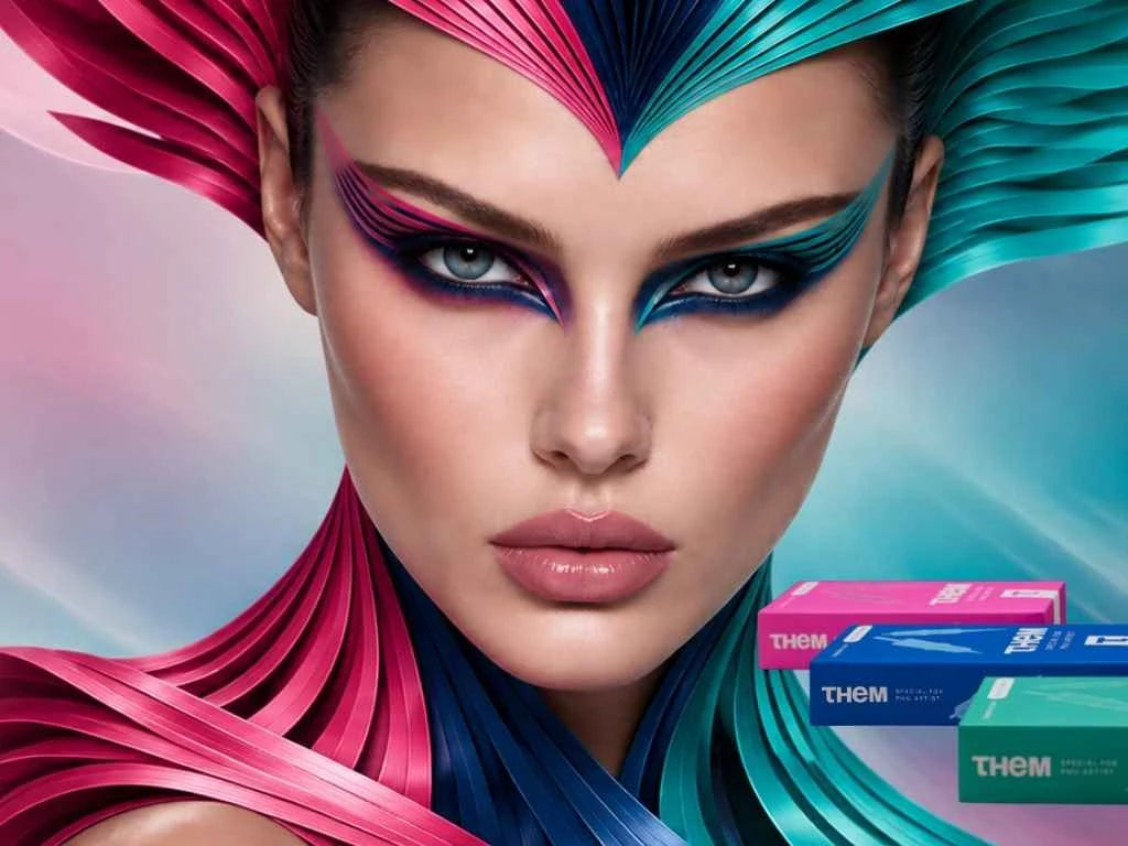 Cartucce PMU THEM con confezioni colorate e ritratto dal make-up grafico