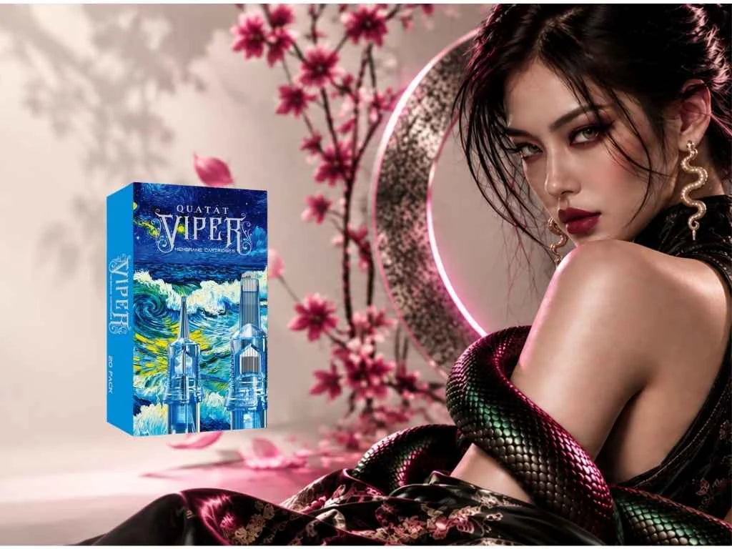 Cartucce PMU Viper con confezione blu e ritratto su sfondo floreale