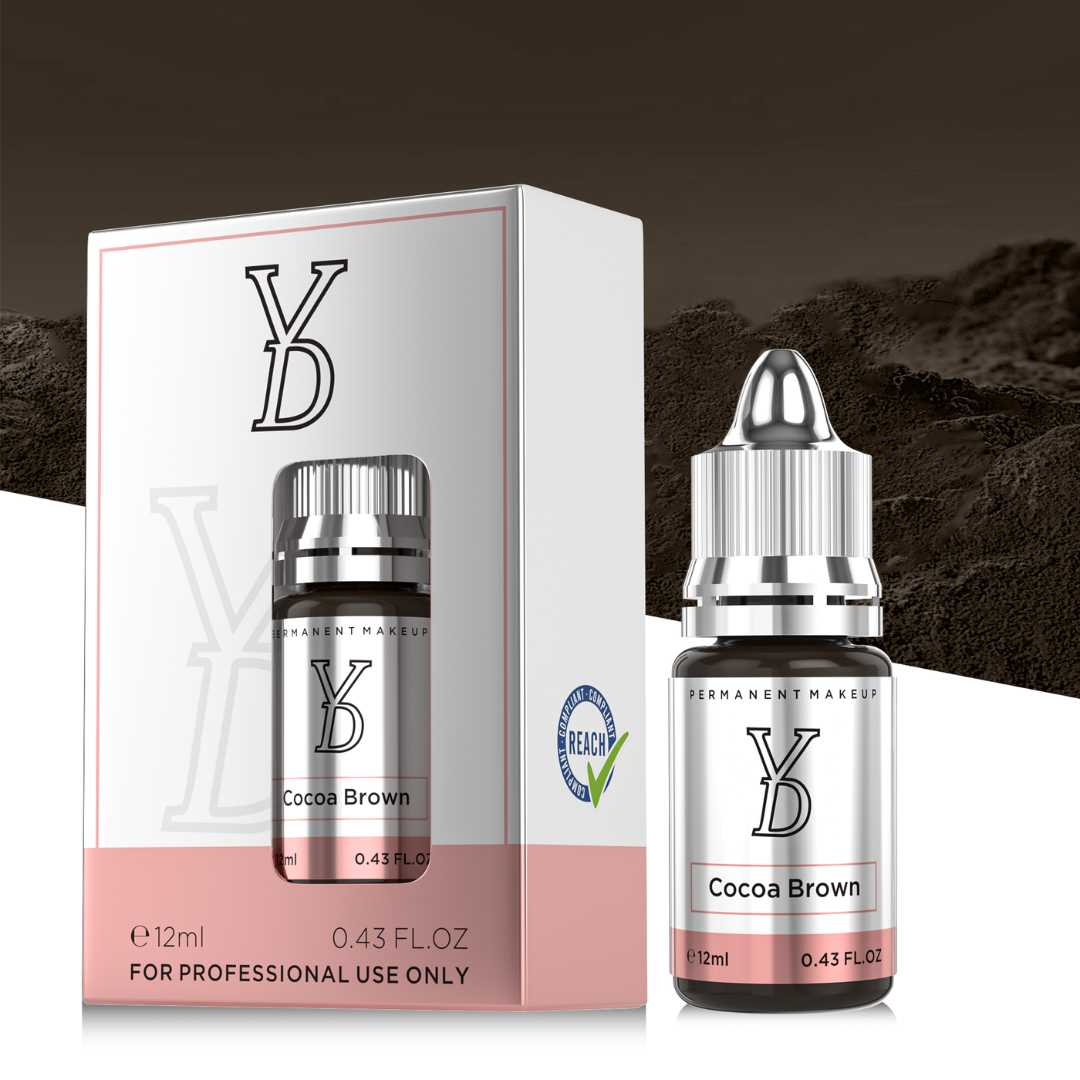 Packaging originale YDPMU Cocoa Brown pigmento PMU professionale 12 ml conforme REACH per tecniche Powder Brows e Ombre Brows