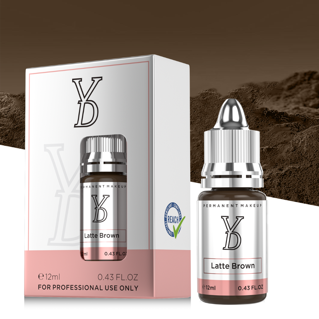 Packaging originale YDPMU Latte Brown pigmento PMU professionale 12 ml conforme REACH per tecniche Powder Brows e Ombre Brows