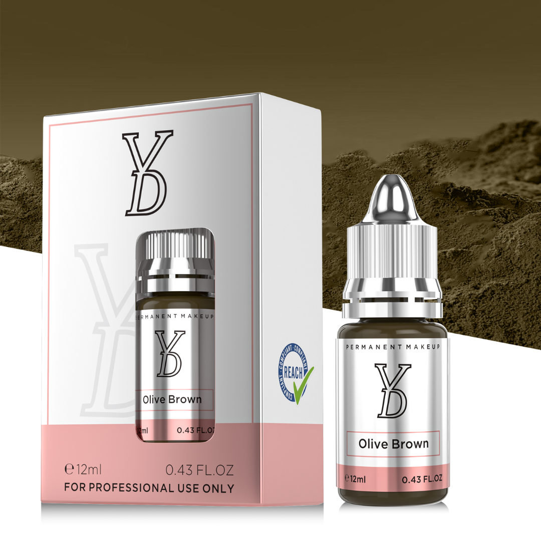 Packaging originale pigmento PMU YDPMU Olive Brown 12 ml certificato REACH per sopracciglia professionali powder brows