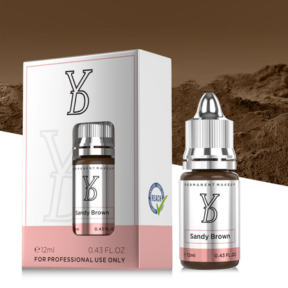 Packaging originale YDPMU Sandy Brown pigmento PMU professionale 12 ml conforme REACH per tecniche Powder Brows e Ombre Brows