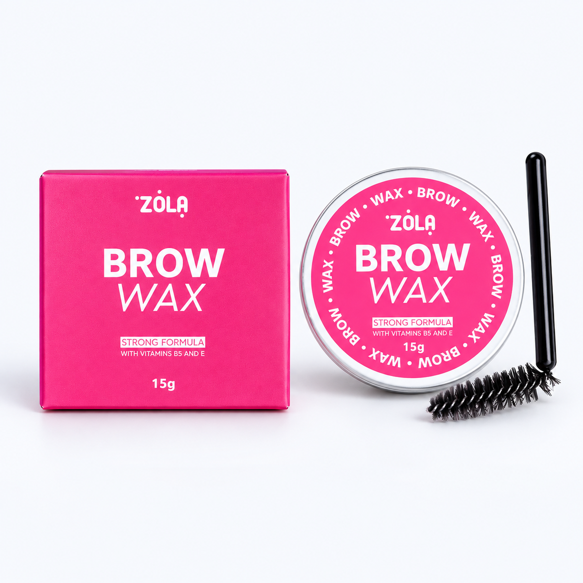 ZOLA Brow Wax 15 g, confezione e vasetto su fondo chiaro per styling sopracciglia