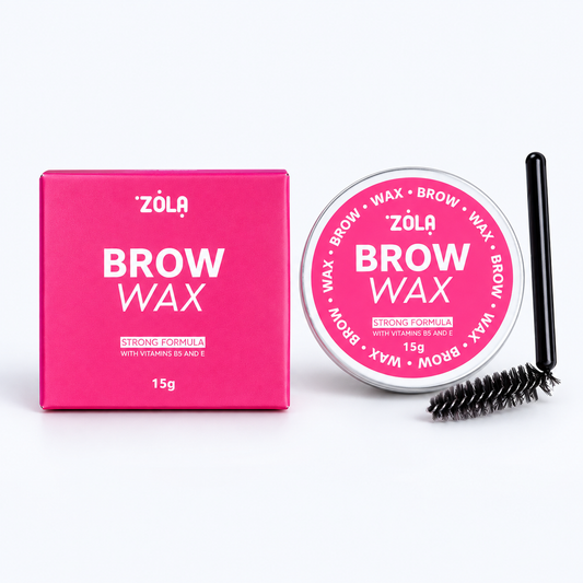 ZOLA Brow Wax 15 g, confezione e vasetto su fondo chiaro per styling sopracciglia