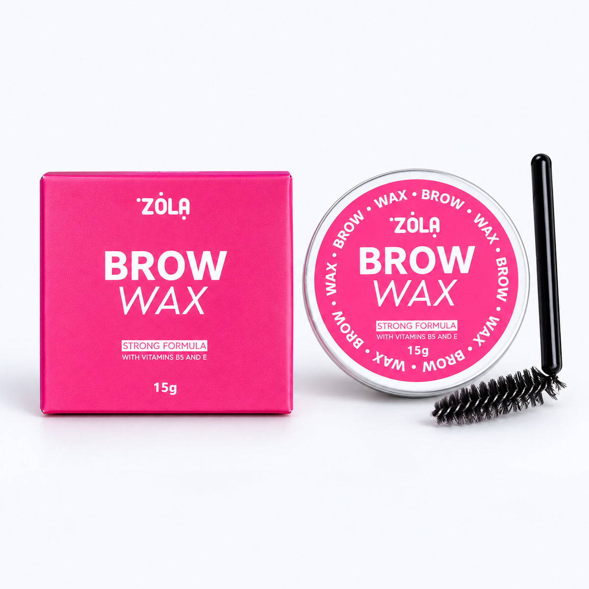 ZOLA Brow Wax 15 g, confezione e vasetto su fondo chiaro per styling sopracciglia